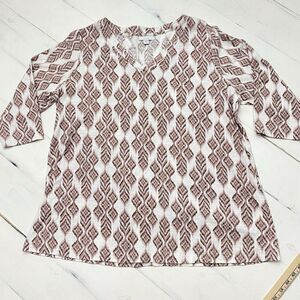 Pure Jill Women's XL Brown Geometric Aztec Cotton Tunic Shirt  Top  3/4 Sleeve